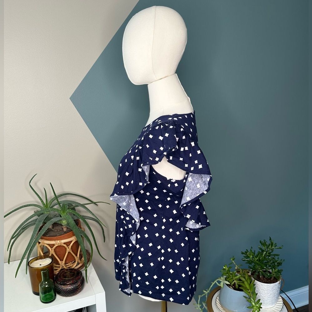 Vineyard Vines Ruffle Sleeve Cotton Top Navy White Dot Print Size M - Picture 3 of 11